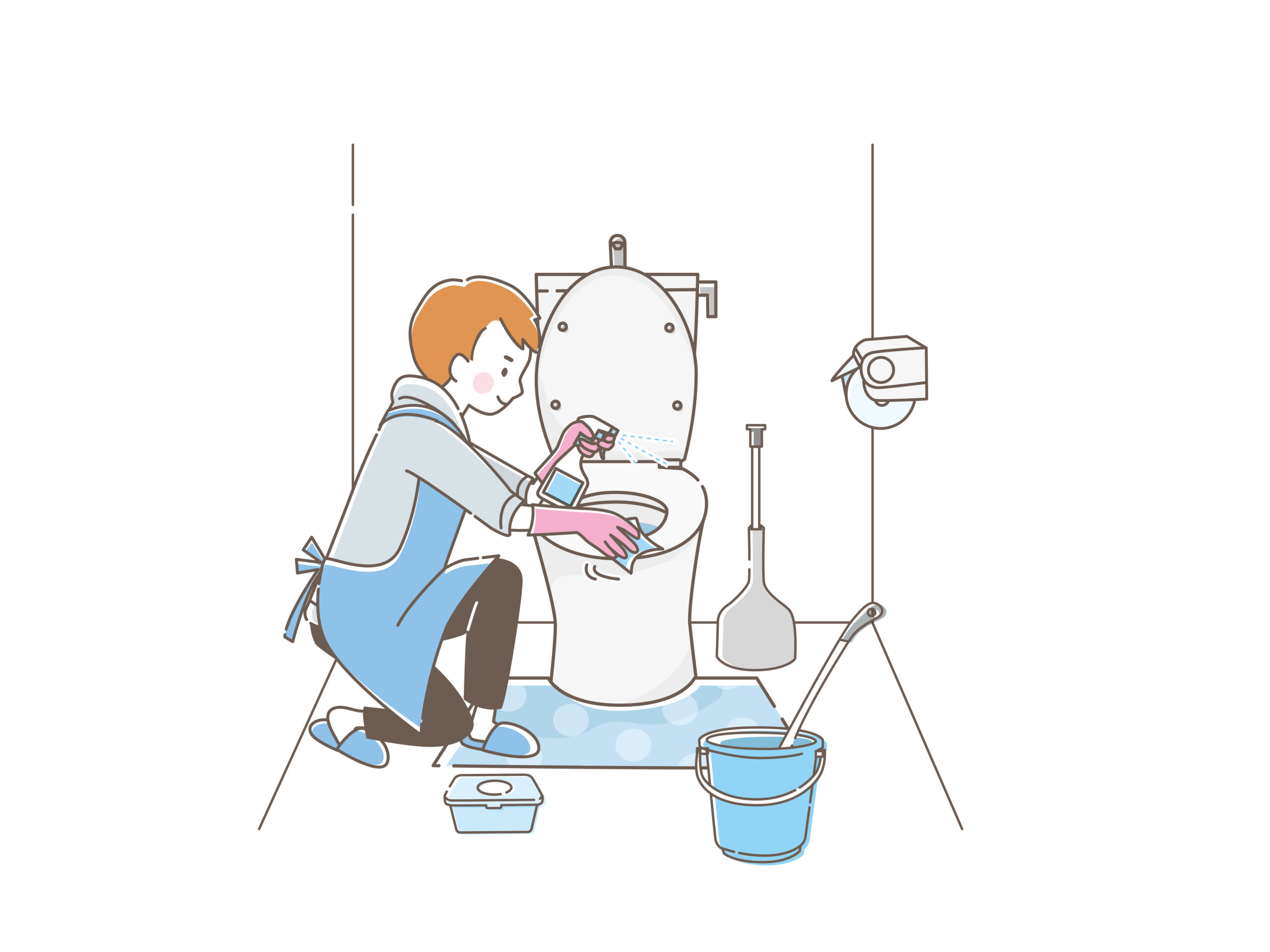 便器をブラシで掃除する人のイラスト